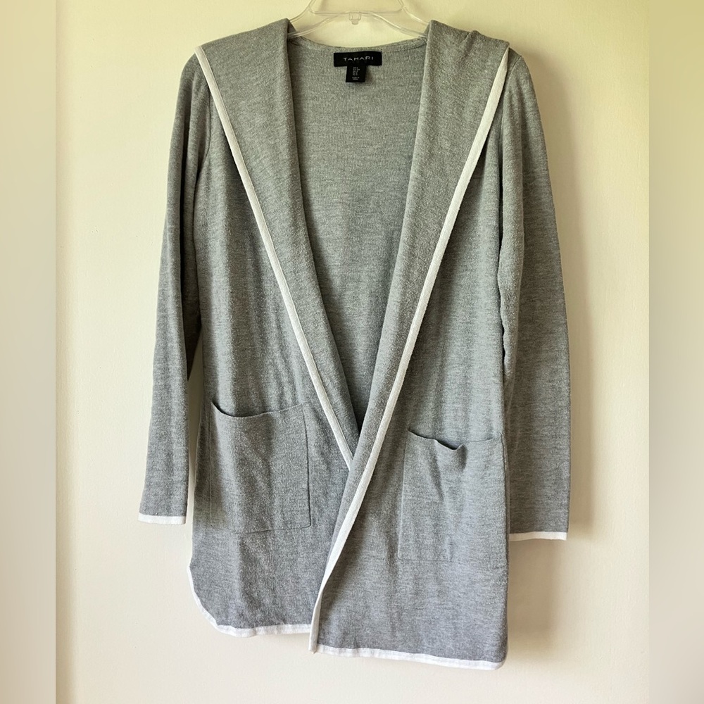 Tahari Long Gray Sweater w/ Hood, Sz. S